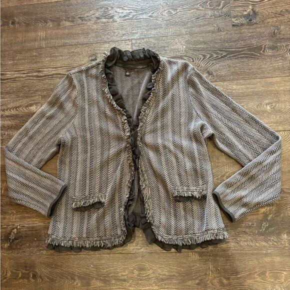 Dana Buchman Gray Striped Wool Blend Cardigan Hook closure with Fringe trim - Picture 1 of 6